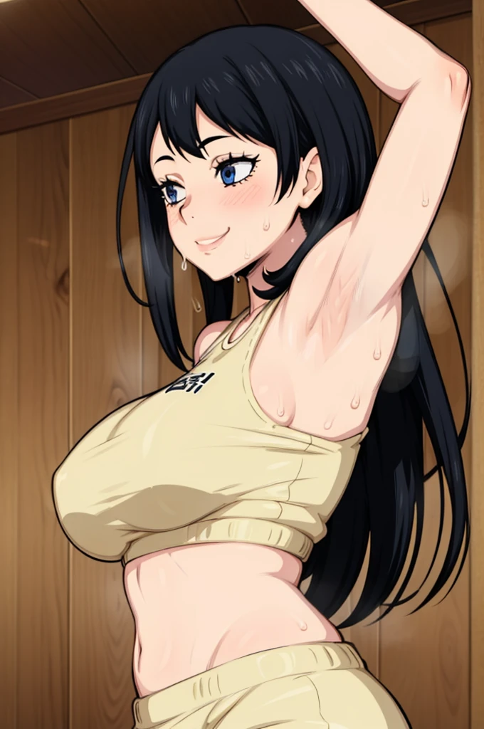 shimizu kiyoko, sweating, big breasts, both hands raised, armpits, armpits visible, dripping with sweat, more more sweat, sweaty armpits, smile