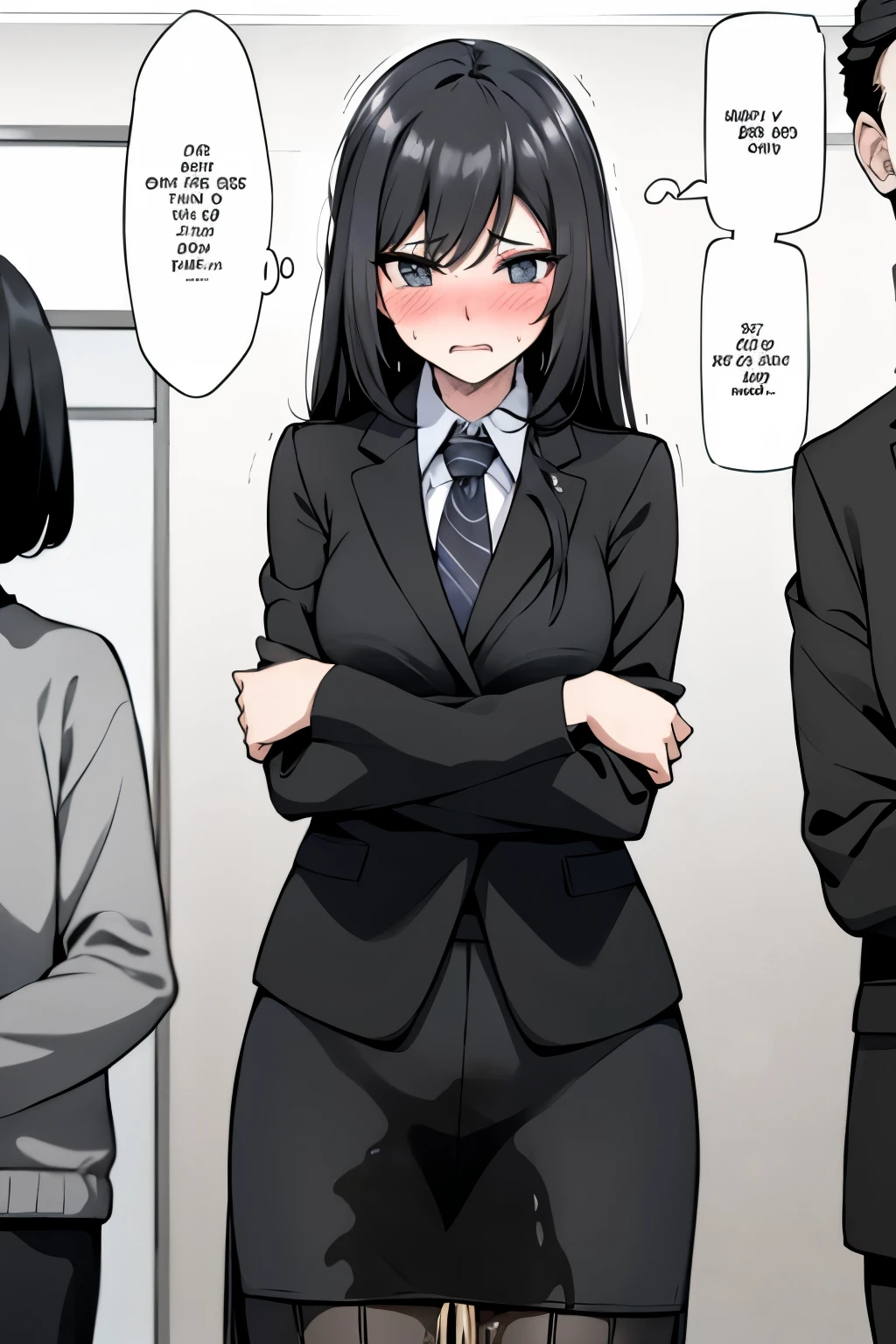 A woman with very long (black hair:1.5) and very long bangs, wearing a business outfit consisting of a (suit:1.25), (pencil skirt:1.25), and pantyhose, stands in a monochrome setting. The artwork is inspired by manga and incorporates a doujin style. The woman appears to be (wetting herself:1.5), which causes her to feel embarrassed and humiliated, resulting in a blush on her face. In addition, there is an air of anger in her expression. The lighting in the scene is moody, with a spotlight highlighting the woman's figure. She is crossing her arms, (arms crossed:1.5), fully showcasing her skirt., medium breasts