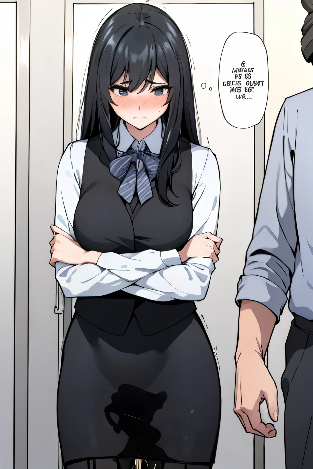 A woman with very long (black hair:1.5) and very long bangs, wearing a business outfit consisting of a (suit:1.25), (pencil skirt:1.25), and pantyhose, stands in a monochrome setting. The artwork is inspired by manga and incorporates a doujin style. The woman appears to be (wetting herself:1.5), which causes her to feel embarrassed and humiliated, resulting in a blush on her face. In addition, there is an air of anger in her expression. The lighting in the scene is moody, with a spotlight highlighting the woman's figure. She is crossing her arms, (arms crossed:1.5), fully showcasing her skirt., medium breasts