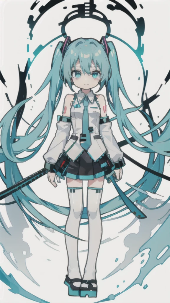 best quality, chibi, 1 girl,  miku, Hatsune Miku, (full body), Pure white background,Vivid,clearly,sad face,rain