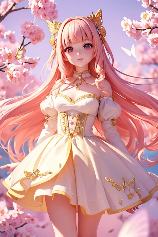 (masterpiece), (highest quality), (Super detailed)、 (One girl), (Fashionable clothes), Are standing, Fashion Model,, Delicate and beautiful face, floating,(High saturation),(Colorful butterflies),(The Shining), Focus on the face,  Wavy Long Hair, Pastel pink beige hair, bangs, Hair Ring, Floating Flowers, Floating hair, (The Shining), Best lighting, Best Shadow,