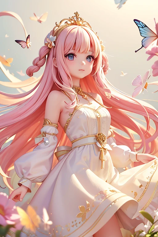 (masterpiece), (highest quality), (Super detailed)、 (One girl), (Fashionable clothes), Are standing, Fashion Model,, Delicate and beautiful face, floating,(High saturation),(Colorful butterflies),(The Shining), Focus on the face, Wavy Long Hair, Pastel pink beige hair, bangs, Hair Ring, Floating Flowers, Floating hair, (The Shining), Best lighting, Best Shadow,