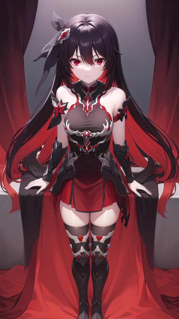 starchasmnyx, starchasm nyx, antenna hair, hair between eyes, long hair, (red eyes:1.5), red hair, black hair, two-tone hair, (small breasts:1.2),
BREAK bare shoulders, black dress, black footwear, boots, chain, dress, flower, hair ornament, red flower, thigh boots, thighhighs, high resolution, dark background, red moon, evil smile