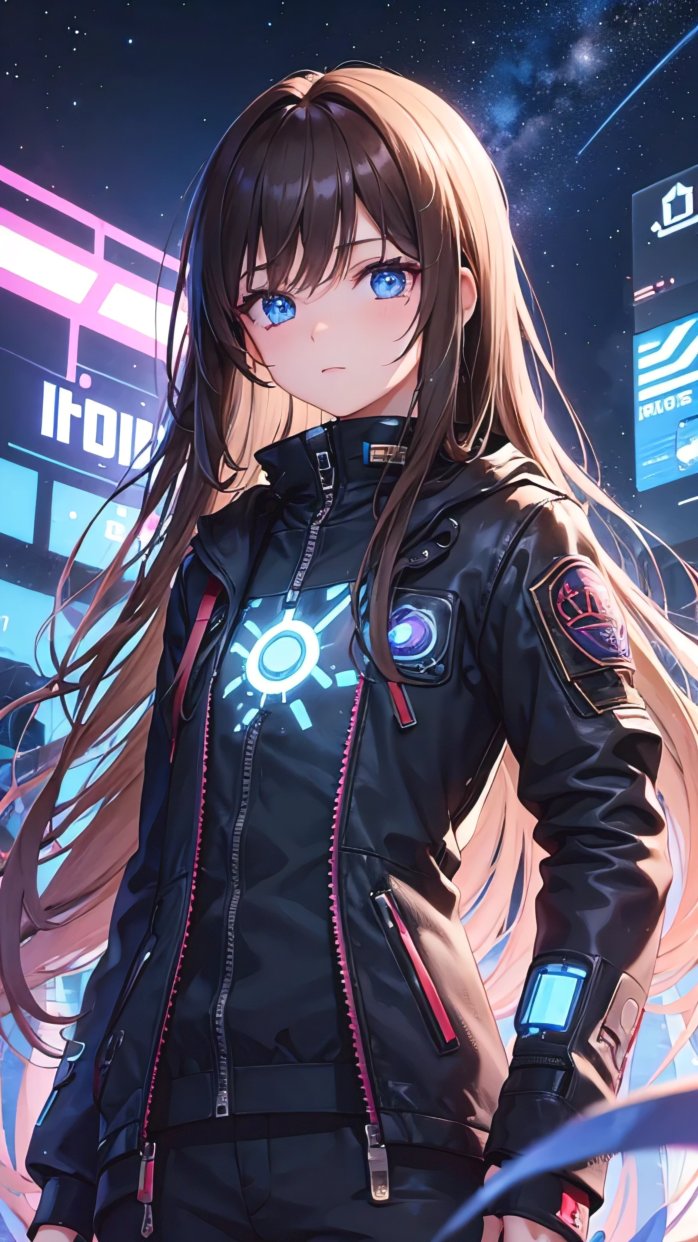 fair, 1 boy, cute boy, Brown hair, Long hair, Eye-catching eyes, blue iris flower, trap, Cyberpunk, Science fiction, Upper Body, space, Star, night, Sky, Black pupil, Female image, Cute face