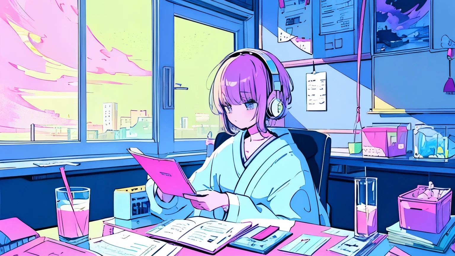 pastel colour、A beautiful girl studying at a desk in her room while listening to music with headphones、Coffee cup、 quiet night,Japanese anime
