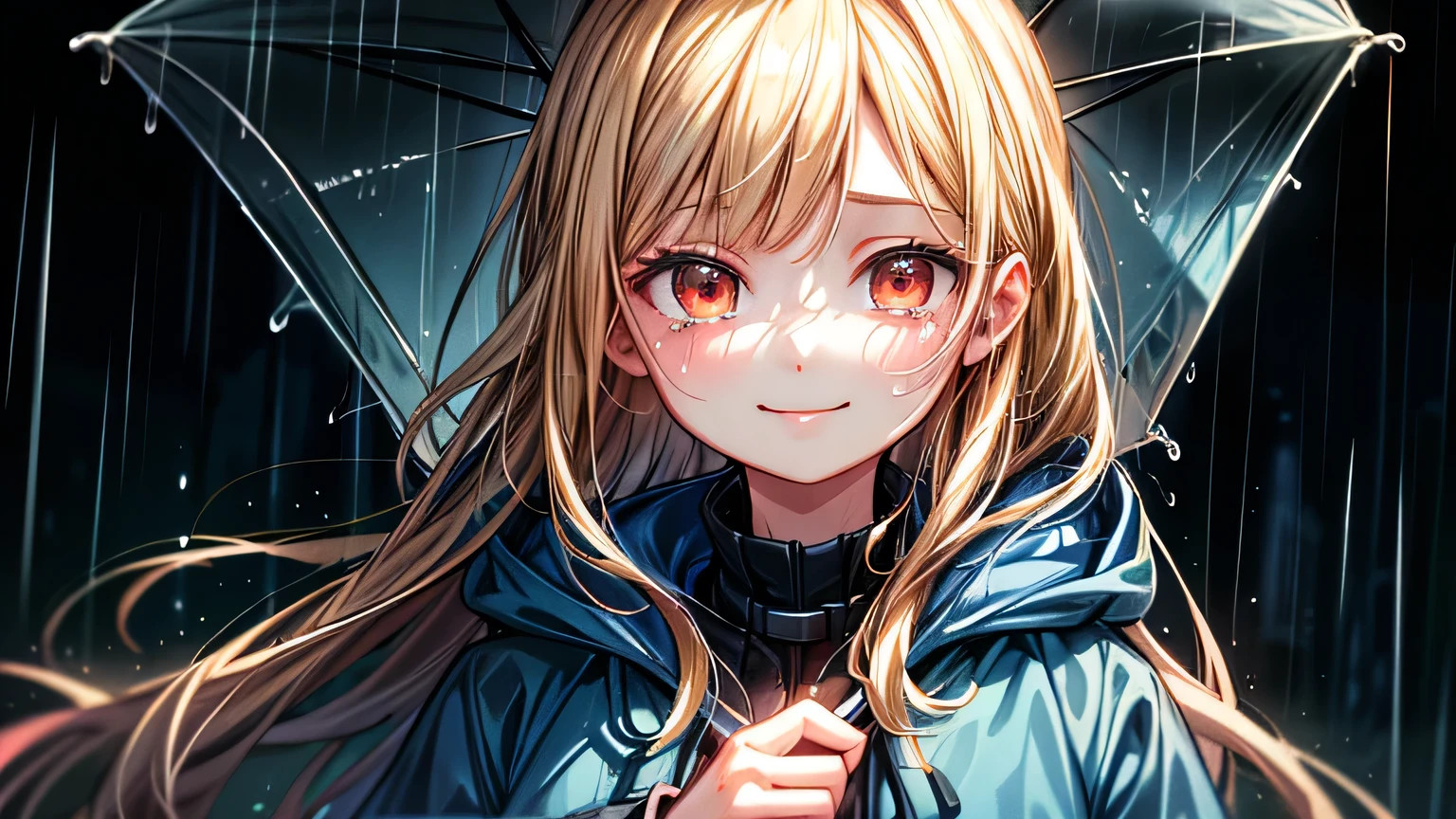 ((highest quality)), ((masterpiece)), (detailed), Perfect Face,girl, Blonde, Red eyes, rain, Look down, smile, tears, blue raincoat, Wearing a hood, town