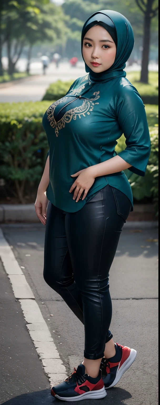 1 chinese-Indonesian girl, modern plain hijab, shy, medium portrait, watery eyes, wearing blue dark green kebaya, ((big breasts)), black bokeh background, well-proportioned body,, chubby massive thighs, full body pose, Hena art on the body, hena art on arms, full body view , wearing red sneakers , fat legs