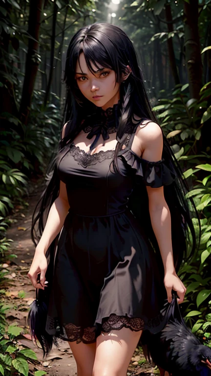 angry black woman with long black hair holding a black chicken in the forest at night wearing black lace dress