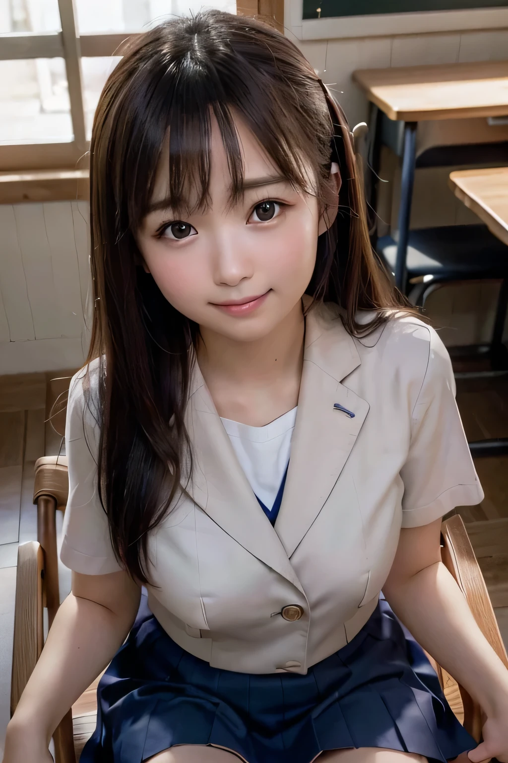 best quality, facial focus, soft light, (depth of field), ultra high res, (photorealistic: 1.4), RAW photo, (sideways) 1Japanese girl, solo, handsome, (shy, smile: 1.1), (brown eyes), detailed beautiful face, (long hair), (seated chair), (school uniform: 1.4, navy skirt, navy Blazer), pet shop,
