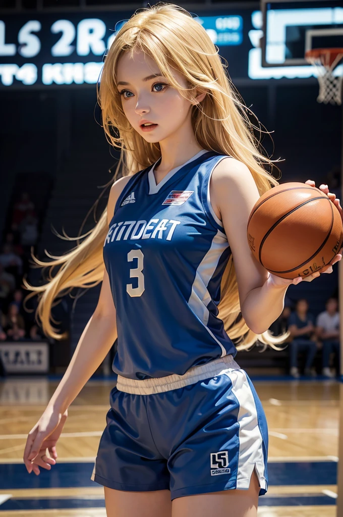 beautiful detail, best quality, 8k, highly detailed face and skin texture, high resolution, cute blond long hair girl in blue basketball jersey at basketball court, full body, sharp focus