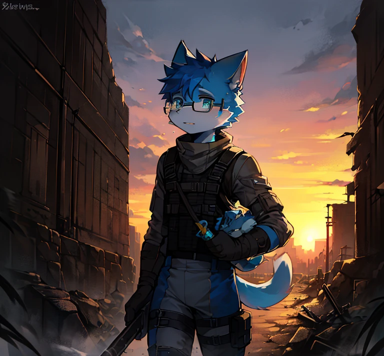 A blue cat，White mouth，Wear protective clothing，Solitary，Tactical wind，Technology，Wearing glasses，Walk on the ruins，confused，daze，Looked around，holding baseball bat，Carrying a tactical backpack，Post-apocalyptic wasteland，Absolutely beautiful，Sunset