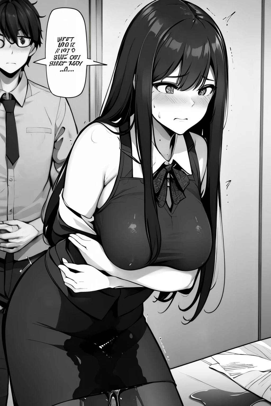 A woman with very long (black hair:1.5) and very long bangs, wearing a business outfit consisting of a (suit:1.25), (pencil skirt:1.25), and pantyhose, stands in a monochrome setting. The artwork is inspired by manga and incorporates a doujin style. The woman appears to be (wetting herself:1.5), which causes her to feel embarrassed and humiliated, resulting in a blush on her face. In addition, there is an air of anger in her expression. The lighting in the scene is moody, with a spotlight highlighting the woman's figure. She is crossing her arms, (arms crossed:1.5), fully showcasing her skirt., medium breasts