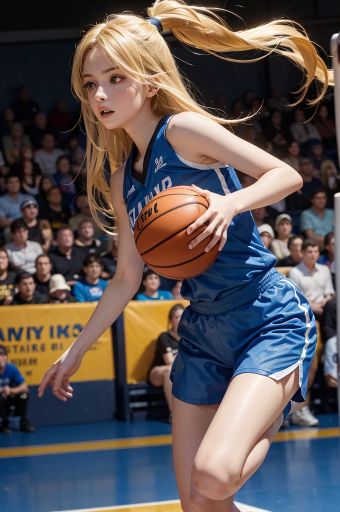 beautiful detail, best quality, 8k, highly detailed face and skin texture, high resolution, cute blond long hair girl in blue basketball jersey at basketball court, full body, sharp focus
