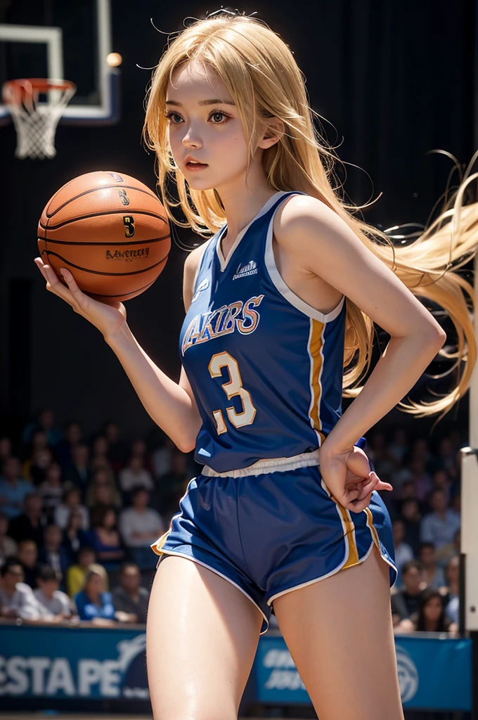 beautiful detail, best quality, 8k, highly detailed face and skin texture, high resolution, cute blond long hair girl in blue basketball jersey at basketball court, full body, sharp focus