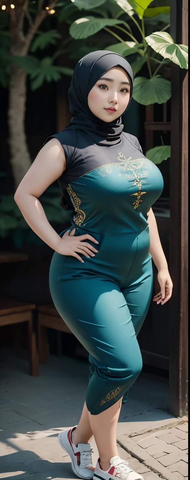 1 chinese-Indonesian girl, modern plain hijab, shy, medium portrait, watery eyes, wearing blue dark green kebaya, ((big breasts)), black bokeh background, well-proportioned body,, chubby massive thighs, full body pose, Hena art on the body, hena art on arms, full body view , wearing red sneakers , fat legs