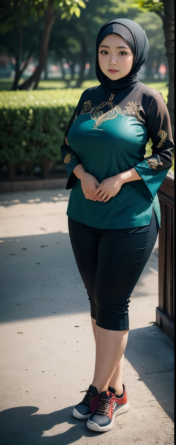 1 chinese-Indonesian girl, modern plain hijab, shy, medium portrait, watery eyes, wearing blue dark green kebaya, ((big breasts)), black bokeh background, well-proportioned body,, chubby massive thighs, full body pose, Hena art on the body, hena art on arms, full body view , wearing red sneakers , fat legs