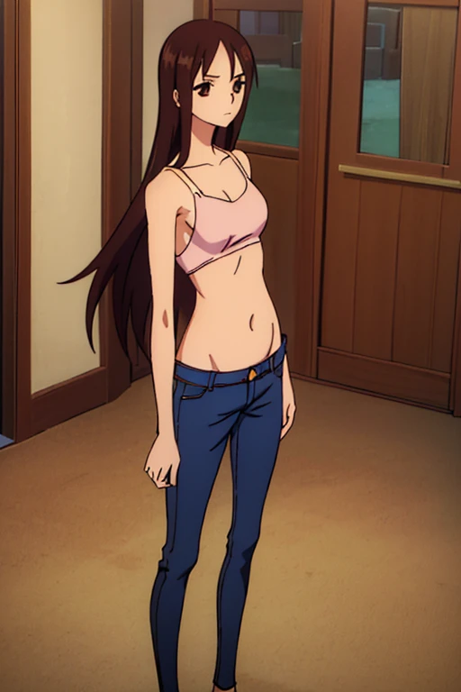 ((best quality)), ((masterpiece)), (detailed), perfect face, brown skin anime girl in a deep V neck backless cami top, (jeans trousers), famished in hunger, (gently resting hands on stomach), (long hair), (hands on her stomach), (slim girl), (skinny stomach), (flat stomach), (starved stomach)