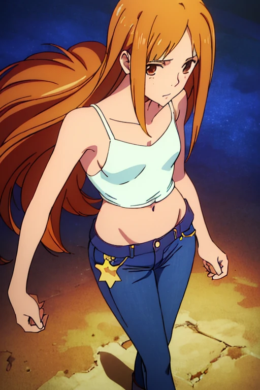 ((best quality)), ((masterpiece)), (detailed), perfect face, brown skin anime girl in a deep V neck backless cami top, (jeans trousers), famished in hunger, (gently resting hands on stomach), (long hair), (hands on her stomach), (slim girl), (skinny stomach), (flat stomach), (starved stomach)