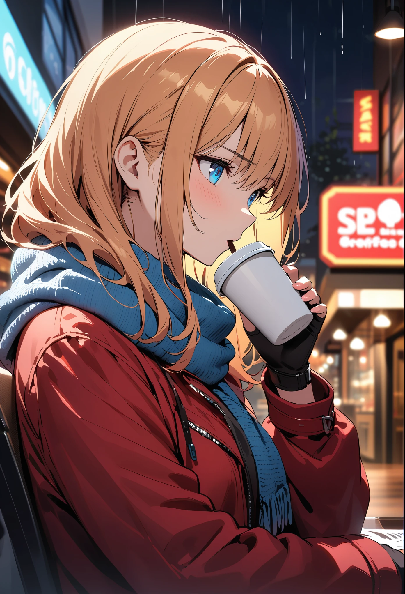 (solo)，masterpiece，Extreme details，HD，Beautiful illustrations，((Thriller))，amazing，medium view，Upper Body，A woman，(extremely detailed neat hair)，pink until yellow hair，beauty light blue eyes，(crimson jacket)，Hair loose，[Indian style scarf]，Fingerless gloves，(Drinking coffee)，(Hands holding paper coffee cup)，Depth of Field，Fast food restaurant background，night background，(dark feeling)，rain on the windows