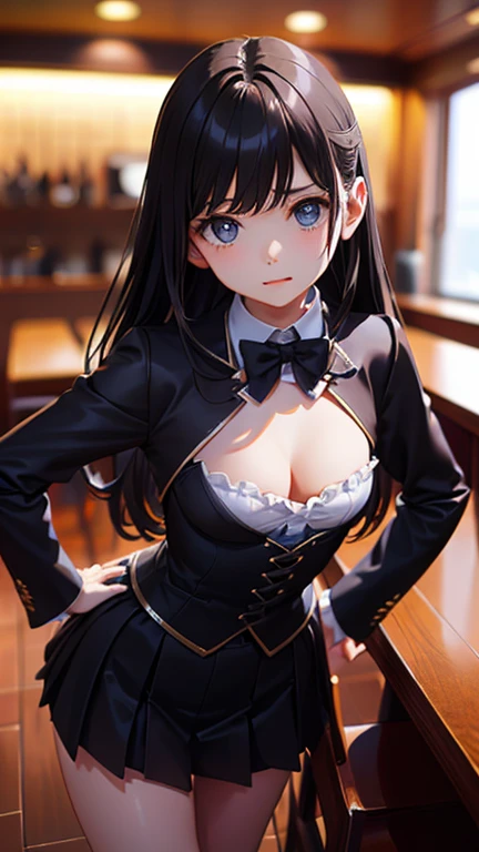 masterpiece, highest quality,健全なphotograph、 One Girl, View your audience, Small waist, RAWphotograph,Inside a bar in the world of swords and magic(landscape) 、Ultra-realistic, High resolution, photograph, Sharp focus, Most detailed, Very detailed, Very detailed, In detail, Very detailed目と顔、Idol、Thin thighs, beautiful girl,View your audience, Small waist,Symmetrical face, whole body、No sleeve、witch、Slit Skirt、Cleavage、Large Breasts、Long Hair、Slightly visible thighs、美しいCleavage、Shaking breasts、Get angry、Put your hands on your hips