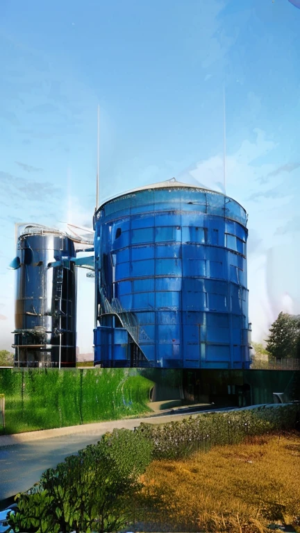 there are two large blue tanks sitting next to each other, watertank, a huge glass tank, water reservoir, silo, biroremediation plant, full - view, zaun, description, by Wen Boren, by Werner Gutzeit, helmond, tanks, tank, by Randy Post, myllypuro water tower, detaild, sha xi