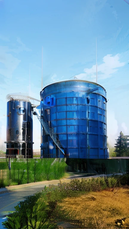 there are two large blue tanks sitting next to each other, watertank, a huge glass tank, water reservoir, silo, biroremediation plant, full - view, zaun, description, by Wen Boren, by Werner Gutzeit, helmond, tanks, tank, by Randy Post, myllypuro water tower, detaild, sha xi