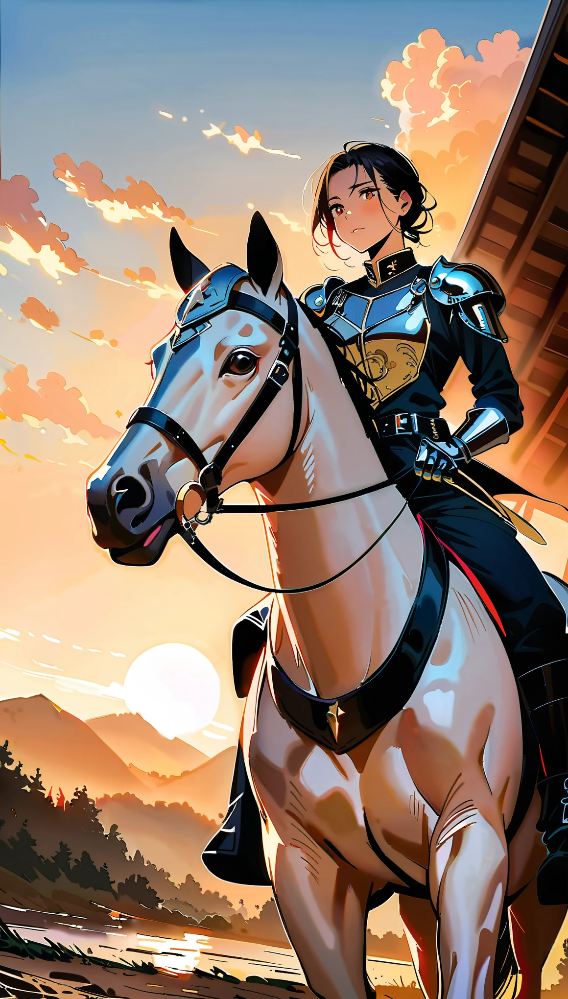 (Masterpiece, best quality), (real pictures, intricate details), (afternoon, sun, sunny) 1girl, knight, on horse, Polish hussars, metal wings on the back