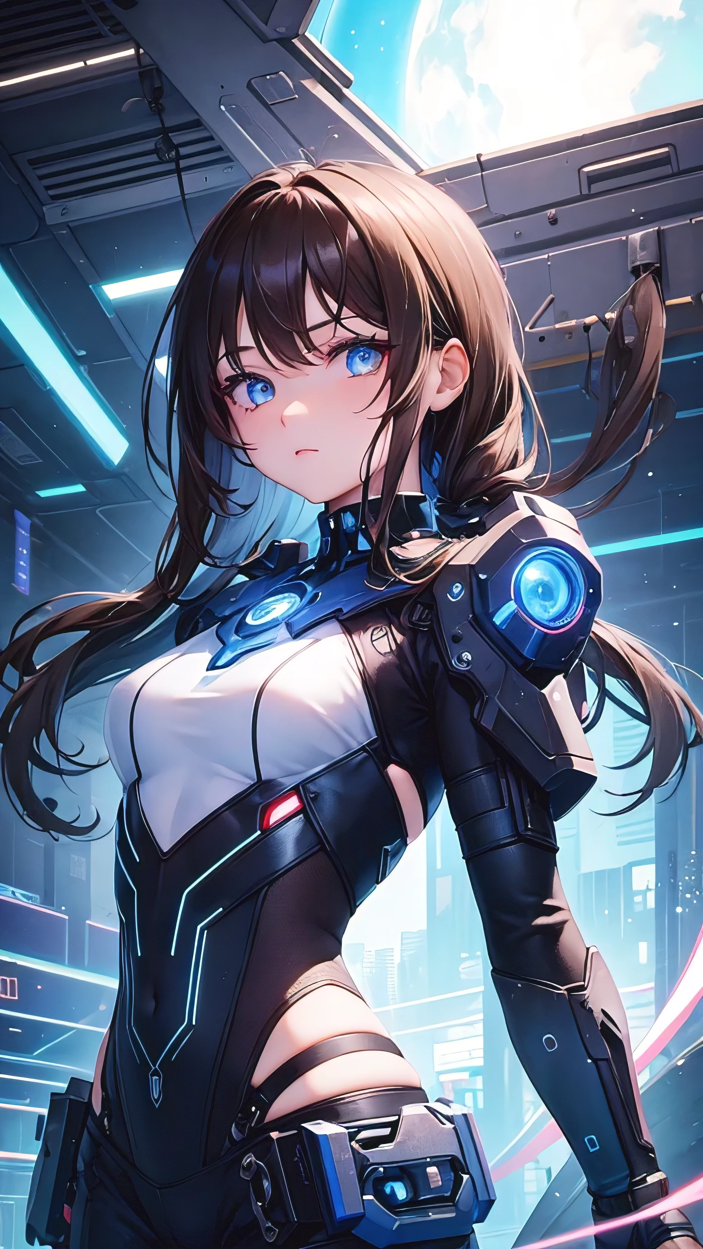 fair, 1 boy, cute boy, Brown hair, Long hair, Eye-catching eyes, blue iris flower, trap, Cyberpunk, Science fiction, Upper Body, space, Star, night, Sky, Black pupil, Female image, Cute face
