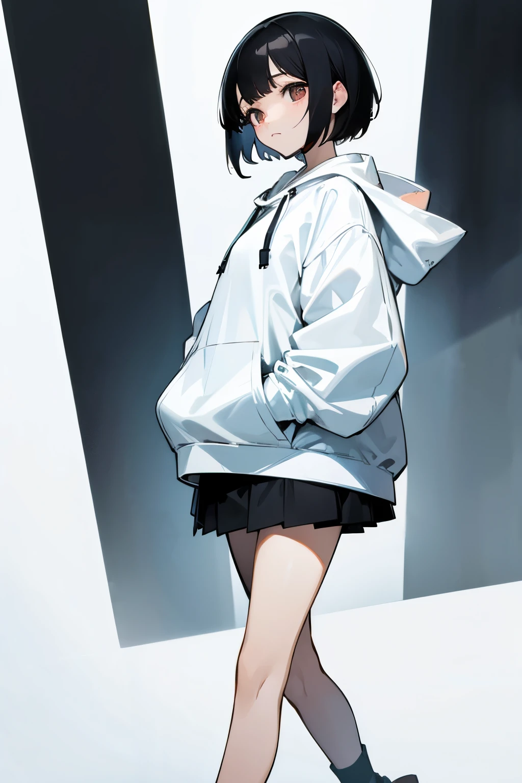 Black Hair Girl、short hair、mini skirt、White hoodie、Expressionless、Walking