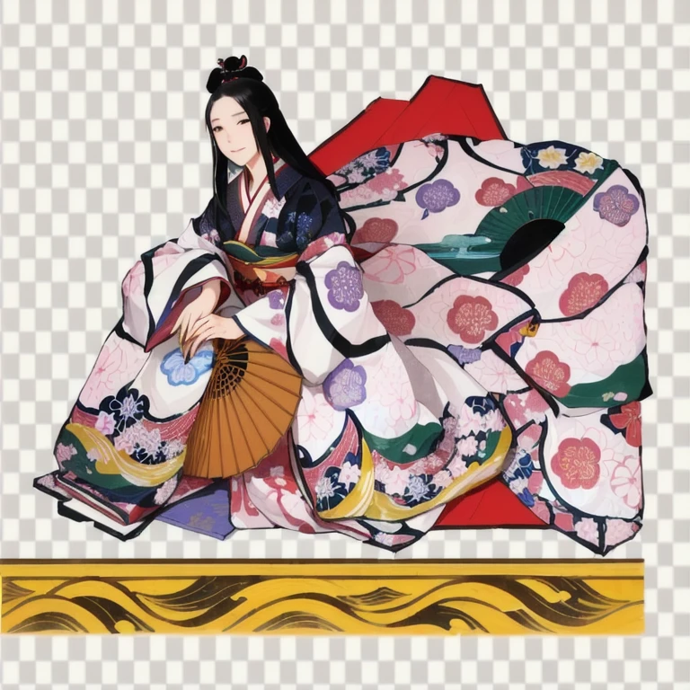 A woman in a kimono is sitting on a tatami mat holding a folding fan, Traditional Japanese colors, Japanese illustration, Inspired by Tawaraya Sōtatsu, inspired by Nishikawa Sukenobu, Japanese Art,No background