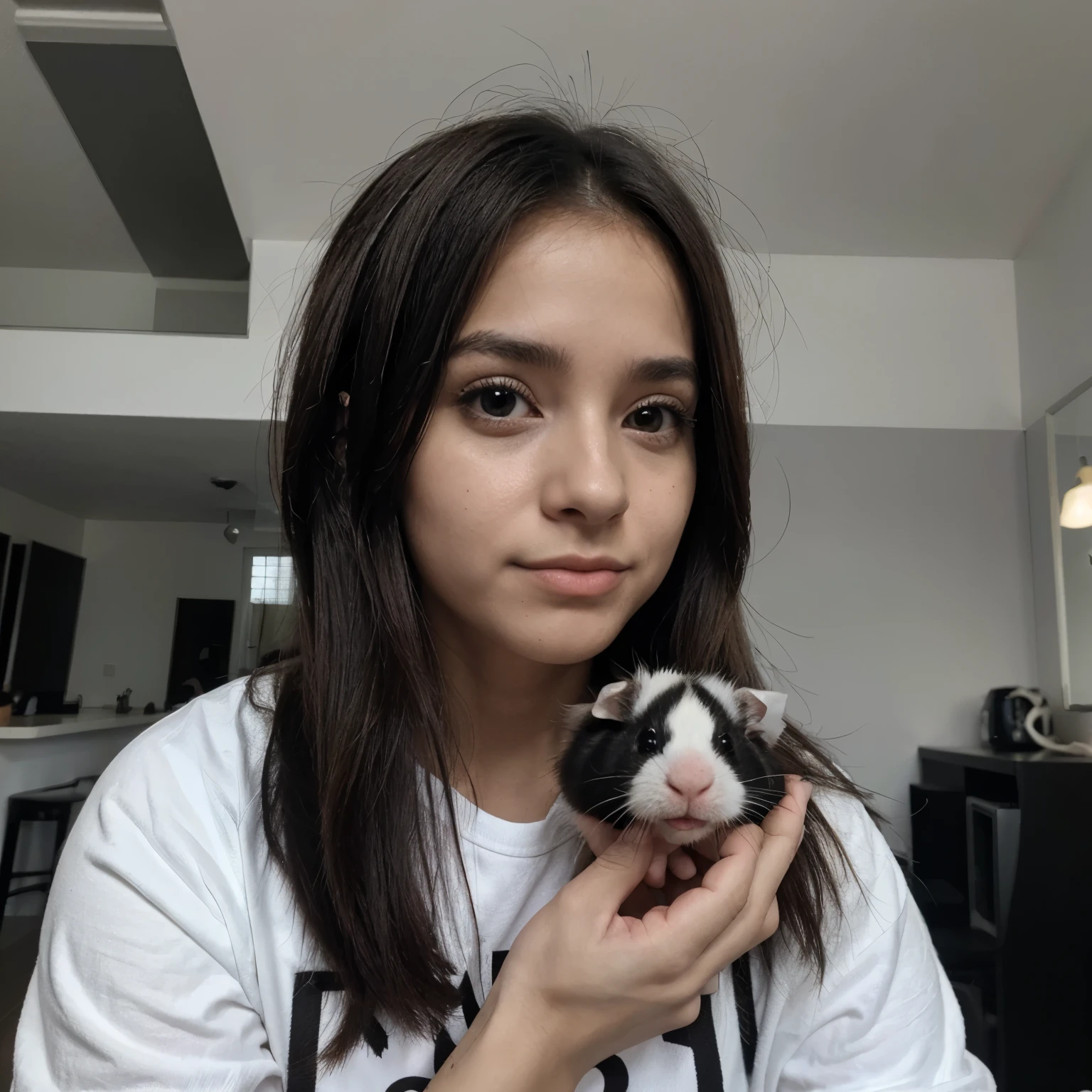 jovem, cabelo castanho claro ondulado longo, olhos castanhos, nariz italiano, small mouth holding a black and white small furry guinea pig