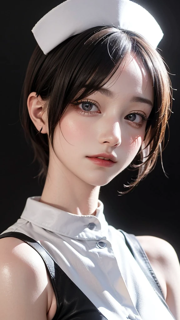 highest quality, White skin, Real human skin, (Familiar), Oval Face, pore, Ultra-high resolution, (8k, RAW Photos, Realistic: 1.4), One Girl, slim, (kind, Goddess-like eyes) happiness: 1.2), (Lip gloss, eyelash, Terrible face, highest quality, Ultra-high resolution, Wide Lighting, Natural Shading)、y nurse、Upper Body、(((in heat, aroused, fuclly))), sweat