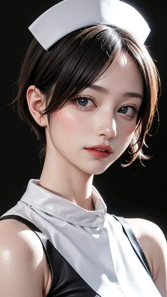 highest quality, White skin, Real human skin, (Familiar), Oval Face, pore, Ultra-high resolution, (8k, RAW Photos, Realistic: 1.4), One Girl, slim, (kind, Goddess-like eyes) happiness: 1.2), (Lip gloss, eyelash, Terrible face, highest quality, Ultra-high resolution, Wide Lighting, Natural Shading)、Sexy nurse、Upper Body、(((in heat, aroused, fucked silly))), sweat