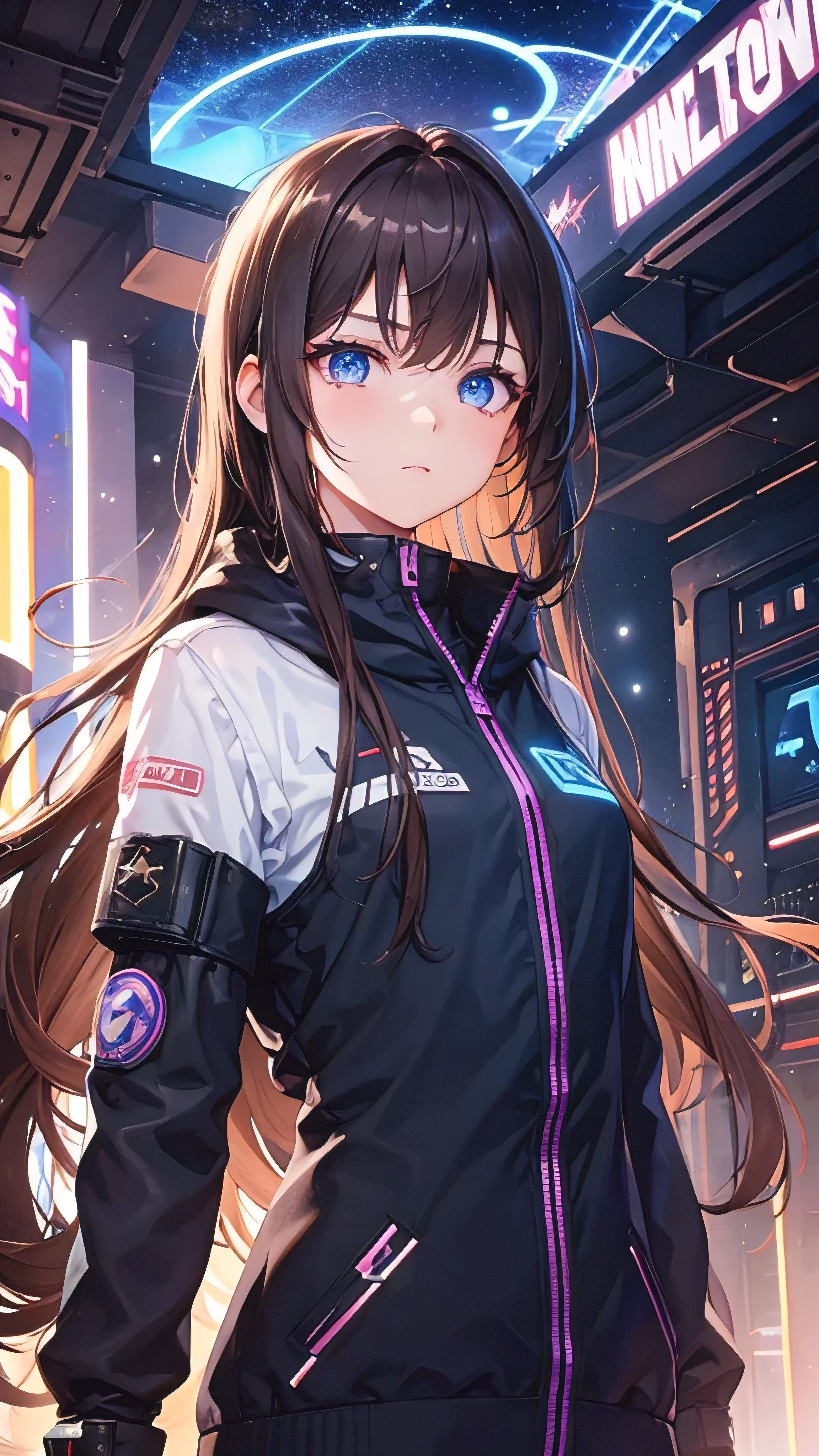 fair, 1 boy, cute boy, Brown hair, Long hair, Eye-catching eyes, blue iris flower, trap, Cyberpunk, Science fiction, Upper Body, space, Star, night, Sky, Black pupil, Female image, Cute face