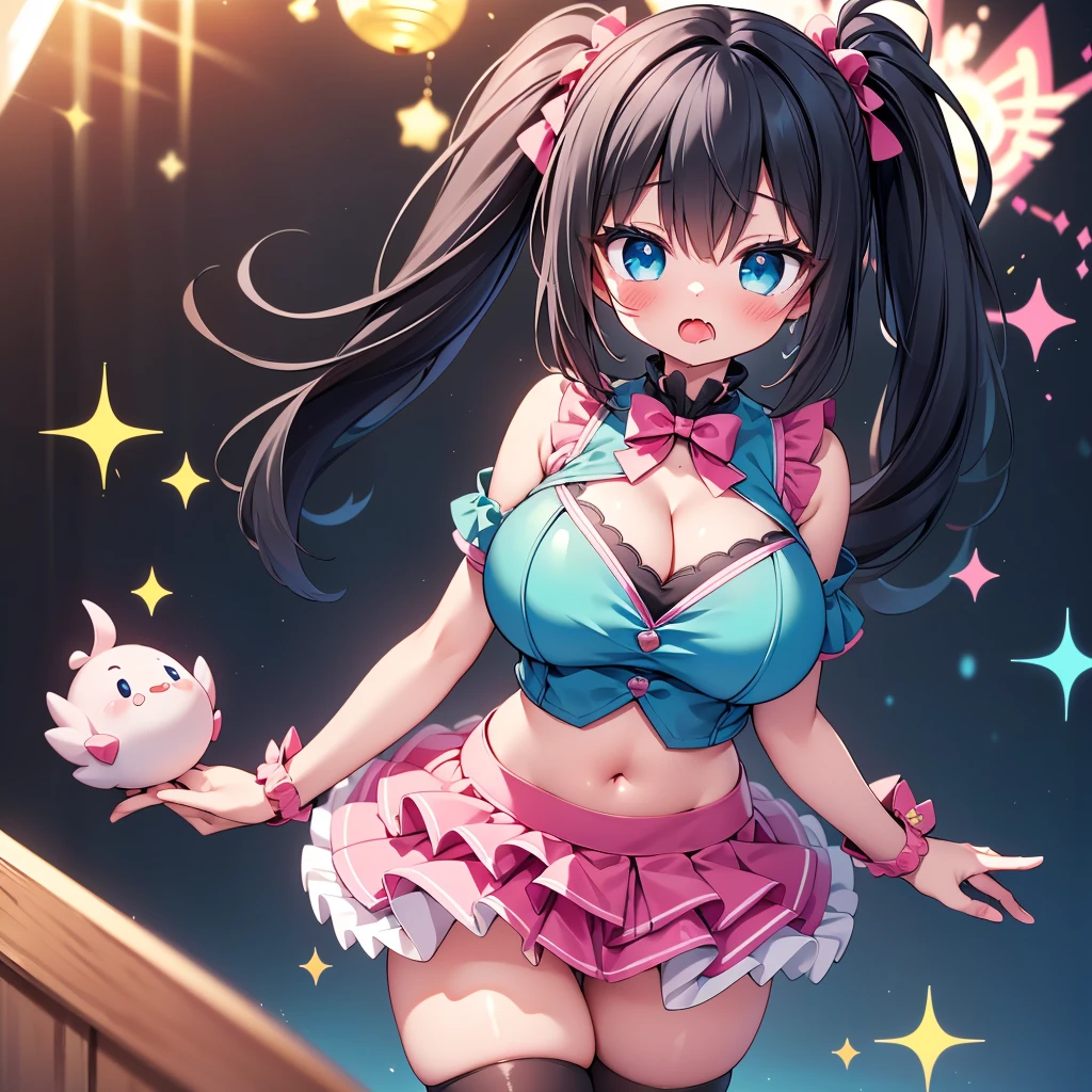 highest quality,wonderful,finely,extremely detailed CG Unity 8K wallpaper, (girls, cute eyes, (magical pink girl outfit,frill mini skirt:1.1), Black Hair, blue eyes, side ponytail, clothed), (sparkling eyes:1.2), (skinny body:1.1), (huge breasts), (cleavage:1.1), (crop top navel:1.1), (open mouth:1.1), (long tongue:1.1), (mouth drool:1.1), (black stockings:1.1),(Thighs:1.2),(Waistline:1.1)