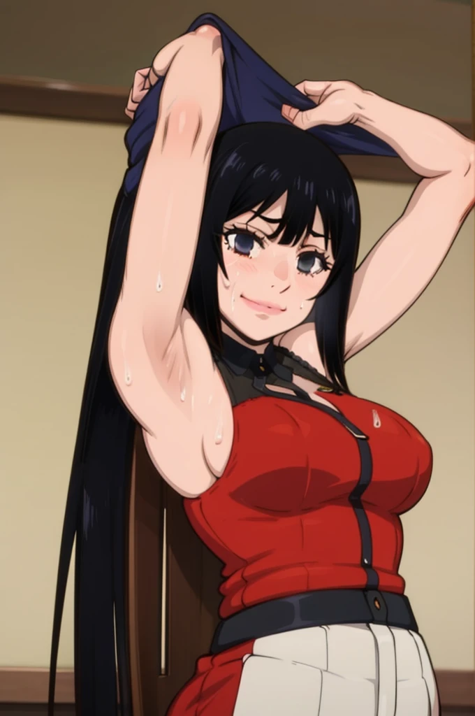 jabami yumeko, looking at viewer, sweating, big breasts, both hands raised, armpits, armpits visible, dripping with sweat, more more sweat, sweaty armpits, smile.