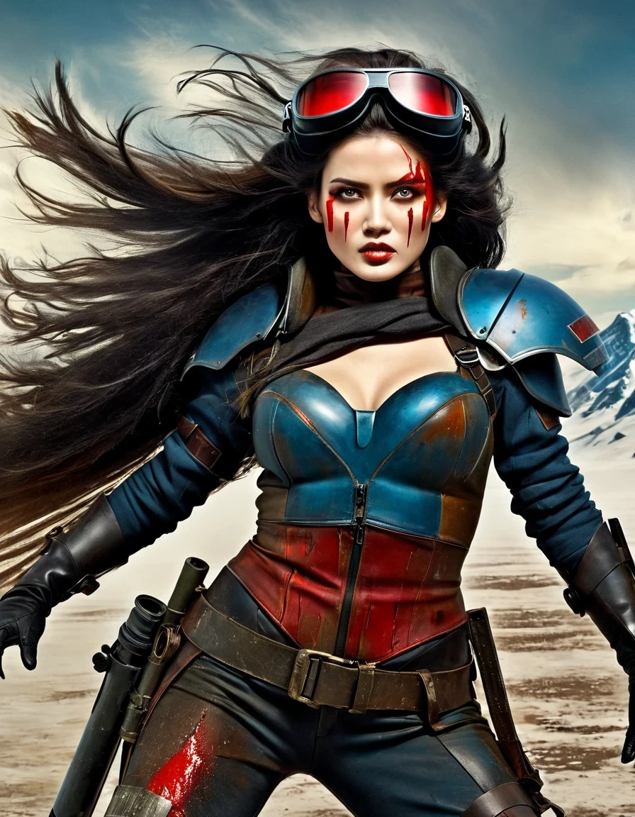 Christian Schloe style, beautifully detailed, best quality, super fine, HDR, masterpiece: 1. 2, wasteland, beautiful female warrior from China holding a rocket launcher, futuristic fantasy, long flowing hair, high tech helmet, goggles, blood and black greasepaint on the face, dirt, wounded, worn out, tragic, movie stills, Siberia, snow covered vast wasteland, cold night, sci-fi art, Amidio Modigliani style, battle, war, multiple fighters, background: army combat battlefield, countless brave soldiers.