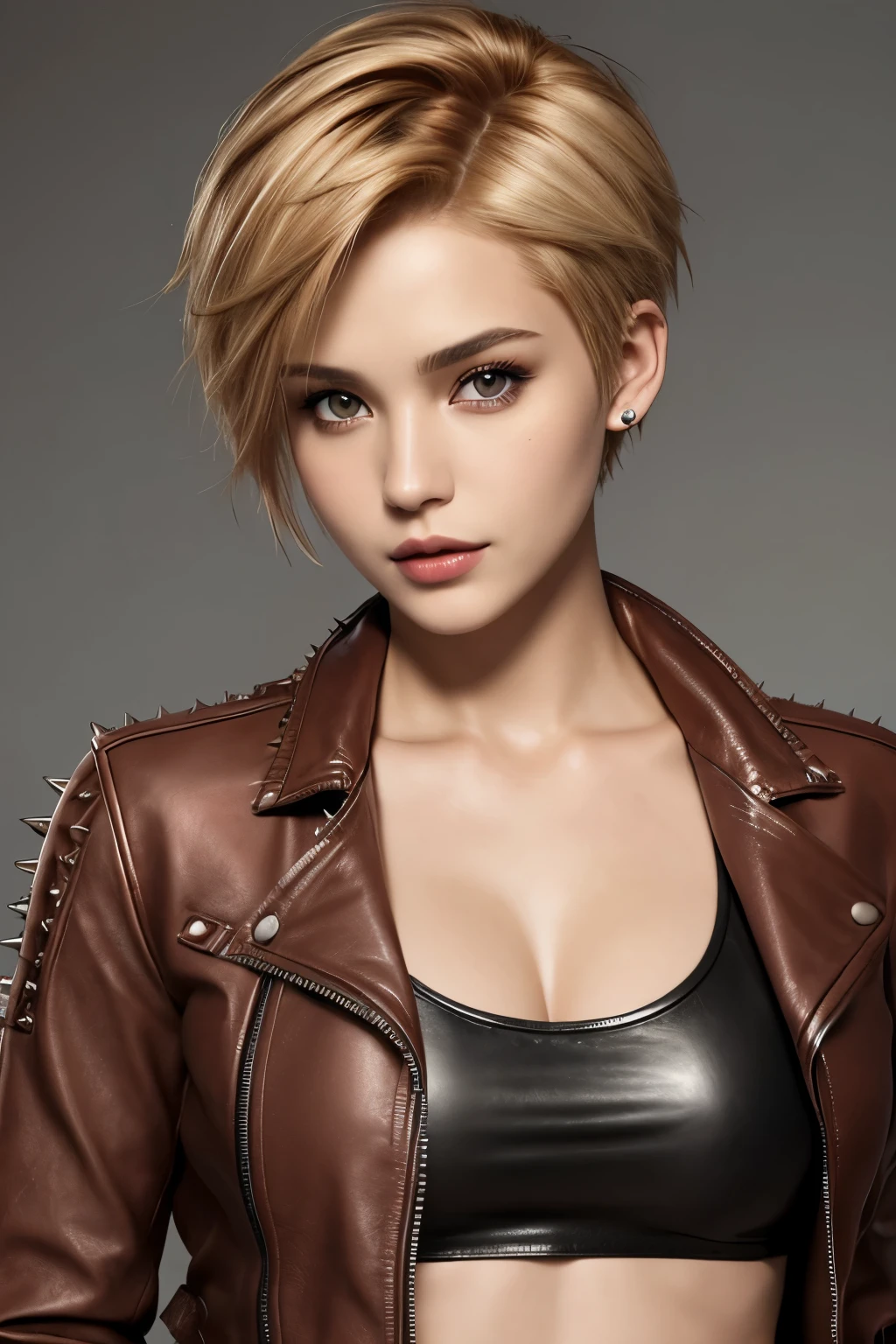 UHD, masterpiece, perfect eyes, textured skin, high details, best quality, (wearing a leather jacket over a red top)), (1GIrl, spiky short blonde hair), brown eyes, sexy, beautiful,