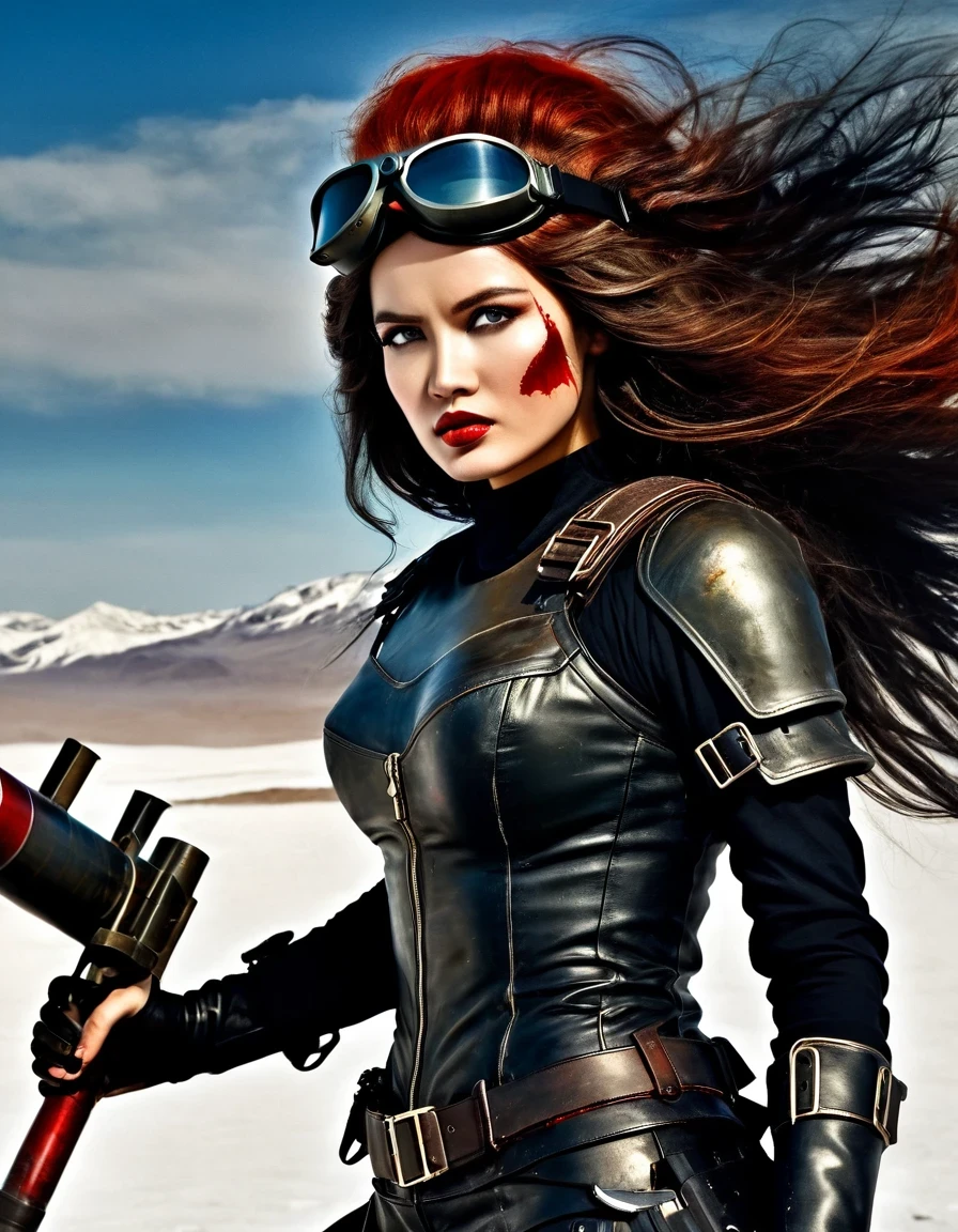 Christian Schloe style, beautifully detailed, best quality, super fine, HDR, masterpiece: 1. 2, wasteland, beautiful female warrior from China holding a rocket launcher, futuristic fantasy, long flowing hair, high tech helmet, goggles, blood and black greasepaint on the face, dirt, wounded, worn out, tragic, movie stills, Siberia, snow covered vast wasteland, cold night, sci-fi art, Amidio Modigliani style, battle, war, multiple fighters, background: army combat battlefield, countless brave soldiers.