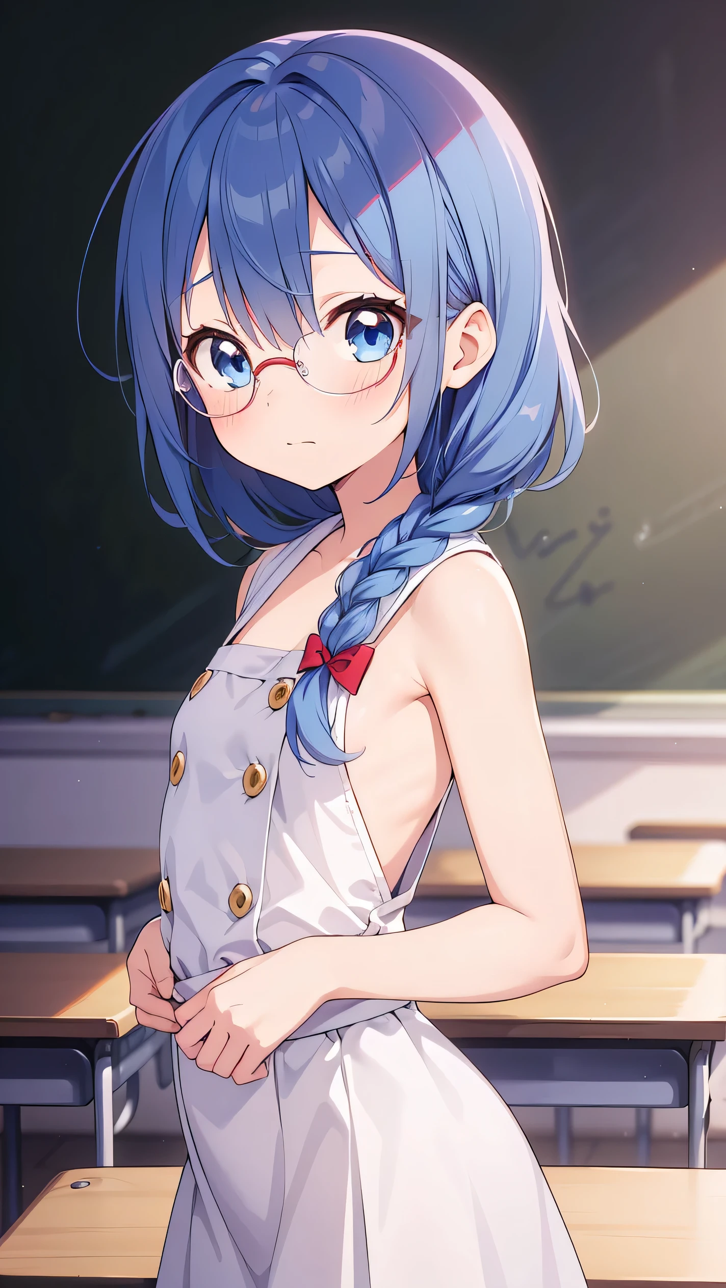 small breasted girl, short, elementary school student, blue hair, fishtail braid, blue eyes, round eyes, shy, shy, classroom, short, young face, short height, , glasses with no edges,flat chest,