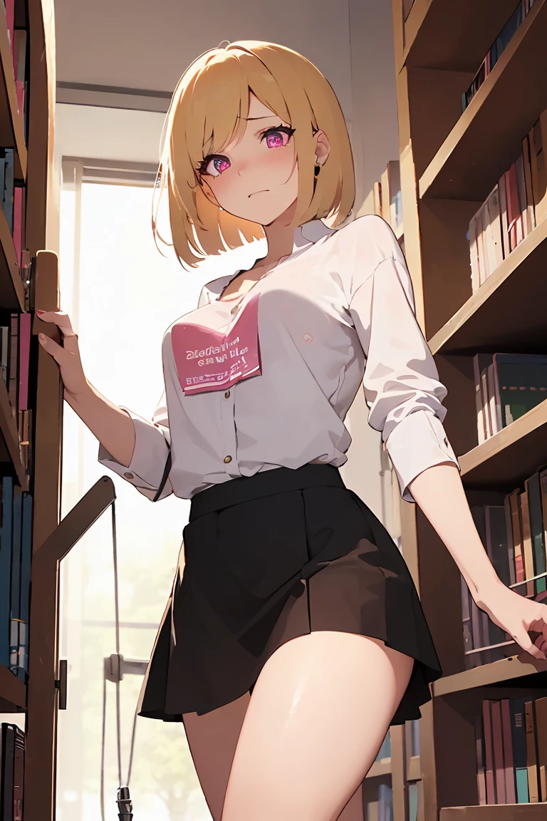 masterpiece, absurdres, best quality, ultra detailed, high Resolution, detailed illustration, bright colour, (extremely beautiful detailed face and eyes, Delicate beautiful face, 1 girl, cute face:1.3), (magenta eyes:1.1), sparkling eyes, big eyes, medium breasts, (perky breasts:1.1), (pointy breasts:1.1), medium hips, glamorous body, white skin, BREAK, long bob cut, (blonde hair:0.8), messy hair, detailed hair, shiny hair, BREAK (loose casual shirt, skirt:1.5), perfect lighting, (embarrassed:1.5), (ecstasy, vulgarity:1.5), (trembling:0.8), (from below, Climb up the stepladder, library:1.3),
