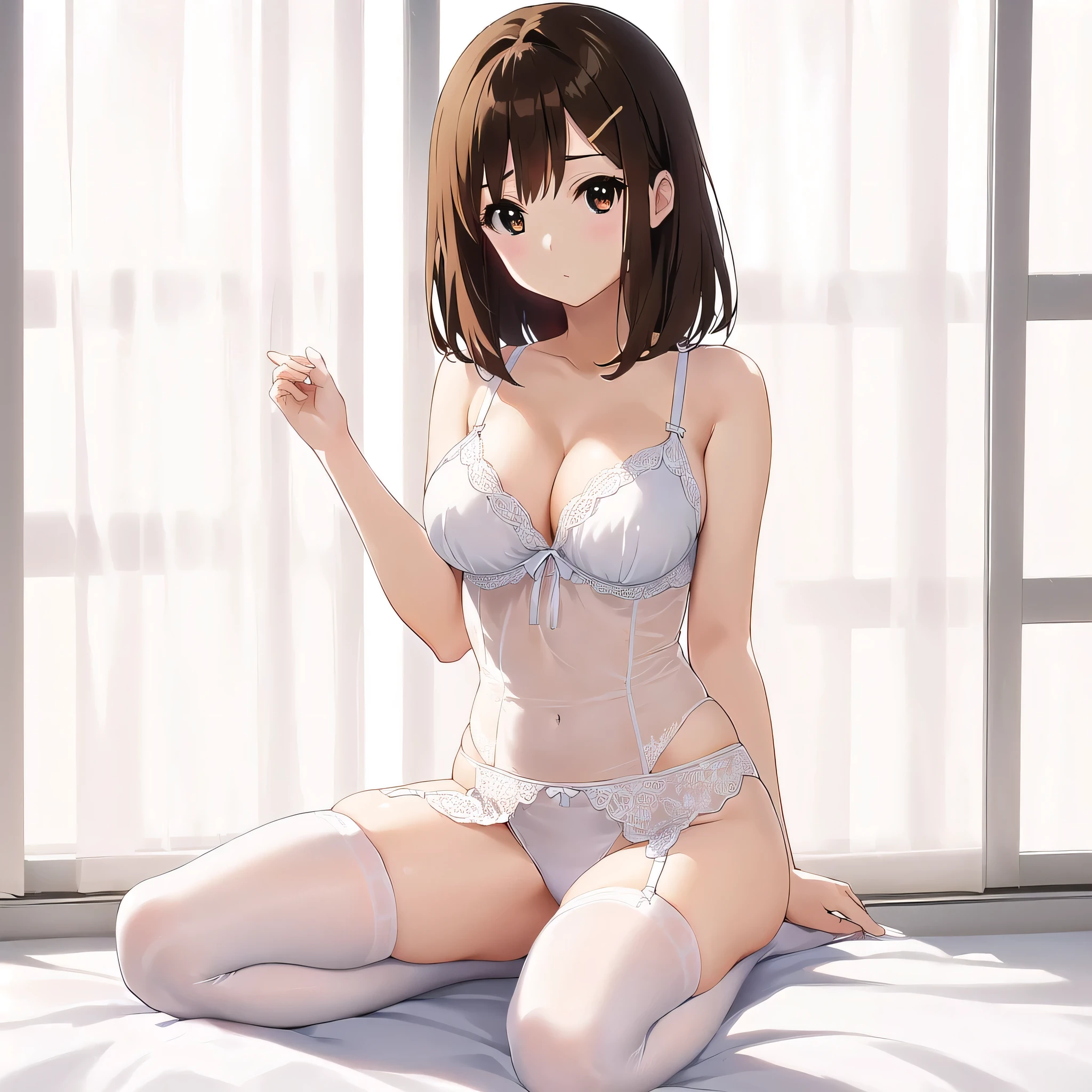 Anime woman in lingerie posing in front of a curtained window、solo、Wearing white stockings、 Enchanting anime girl、美しくattractive anime woman、White Lingerie、Short haired brown anime woman、Brown eyes、Hair Clip、hair ornaments、Tall Woman、美しくattractive anime woman、Big Breasts、cleavage、A woman with very large breasts、Beautiful Anime Women、lingerie with an white、attractive anime woman、Cute Anime Woman、Beautiful Anime Women、Naughty anime style、