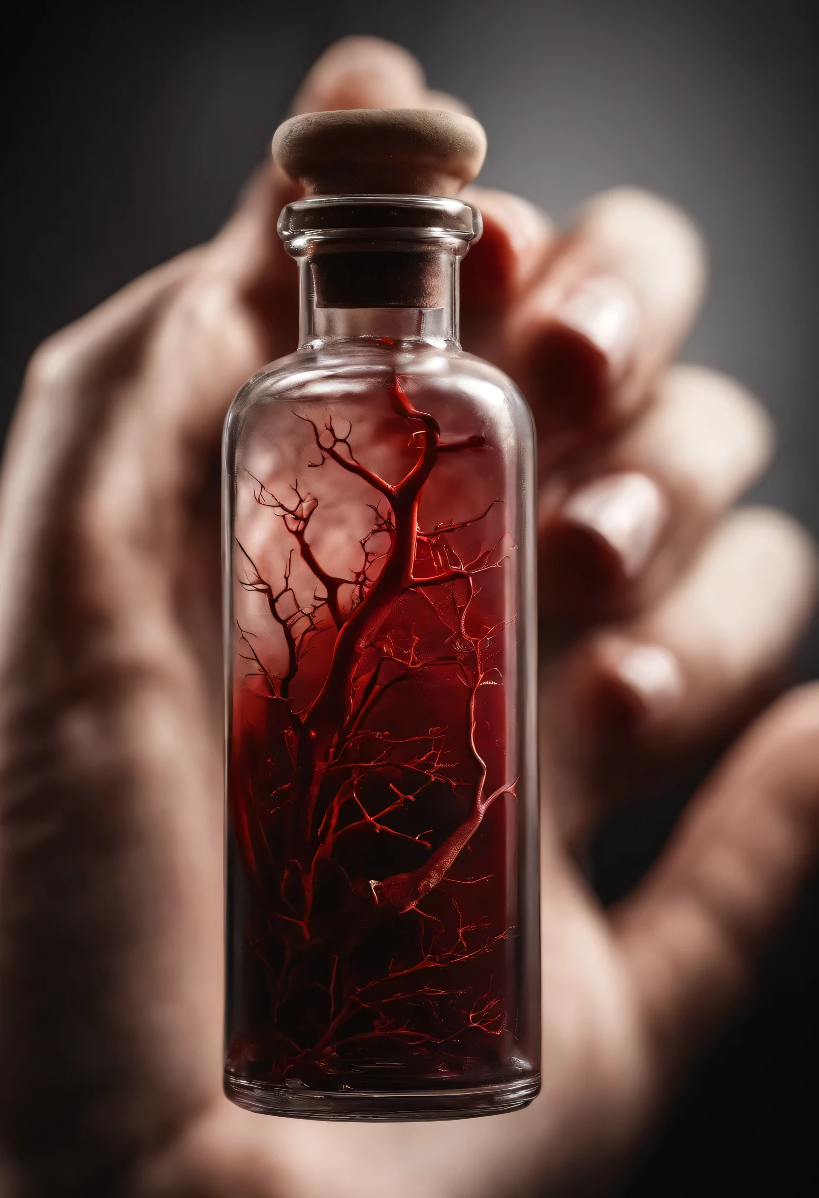 The medicine bottle is placed on the hand,The background is skin and protruding blood vessels