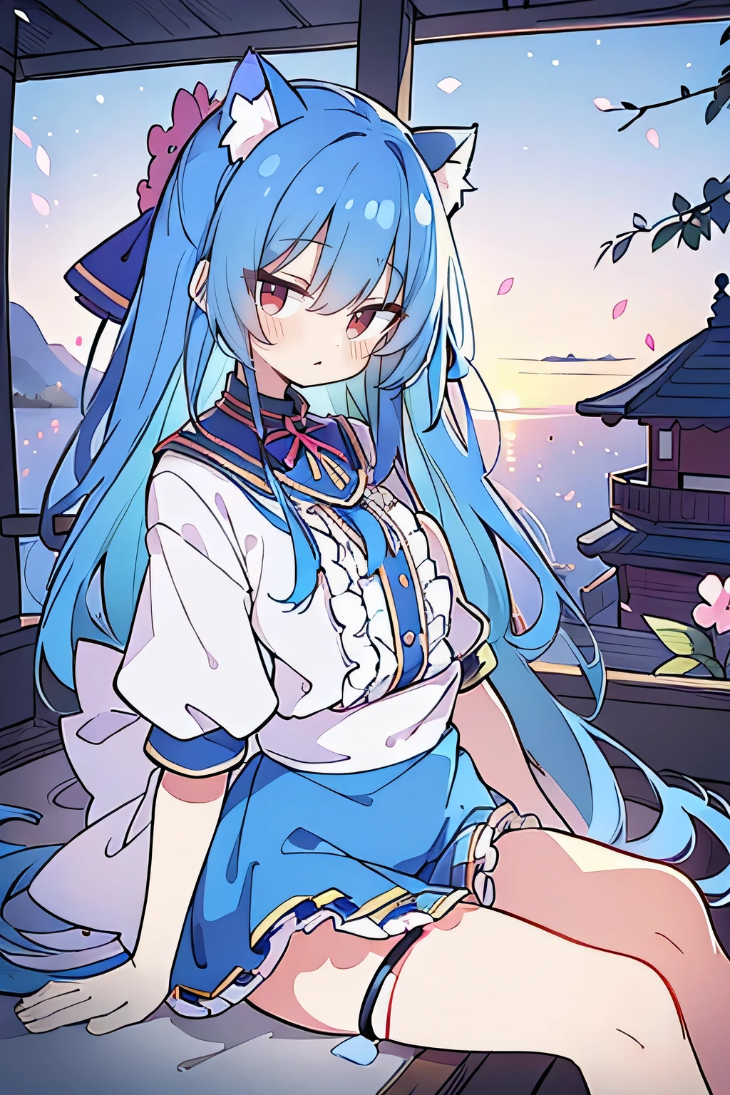 (masterpiece:1.2),Super detailed,Practical,expressive eyes,Fair skin,Perfect face shaping,1 Girl,
Japanese cartoons,Gorgeous blue hair, the long flowing blue hair,Floating clothes,Cat ears,Petals falling,beautiful lola,Young Angel,
Hands on waist,sit elegantly on the ground,Cross your legs,Gentle and peaceful background,Cool and cozy pavilion,Sunset,