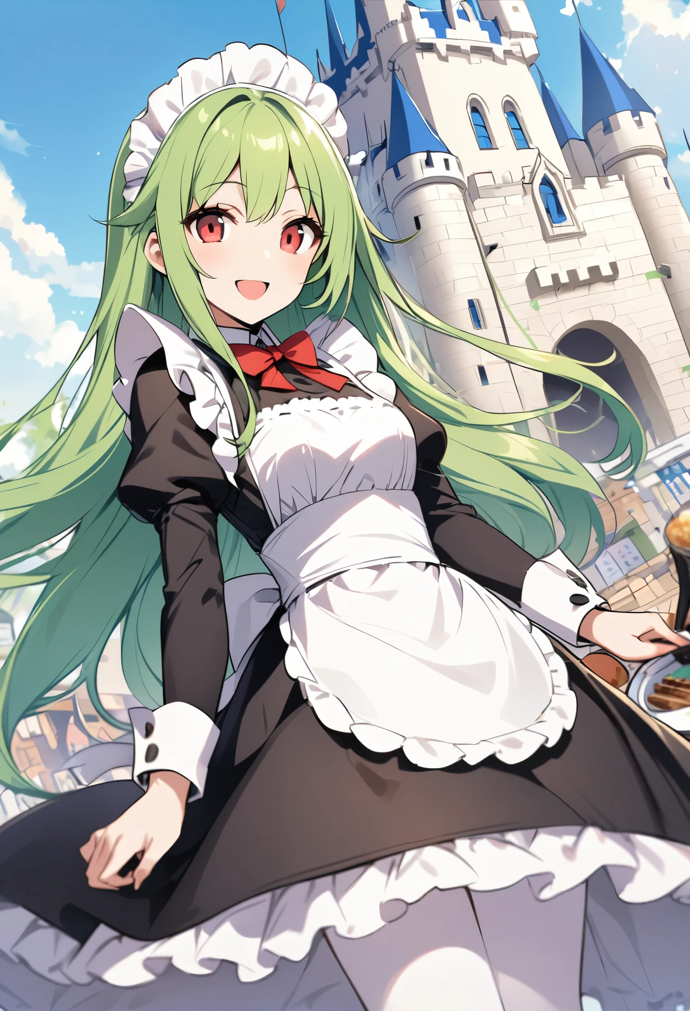 Green Hair、Long Hair、Maid、smiling、smile、Red Eyes、Demure、White Castle、One woman、