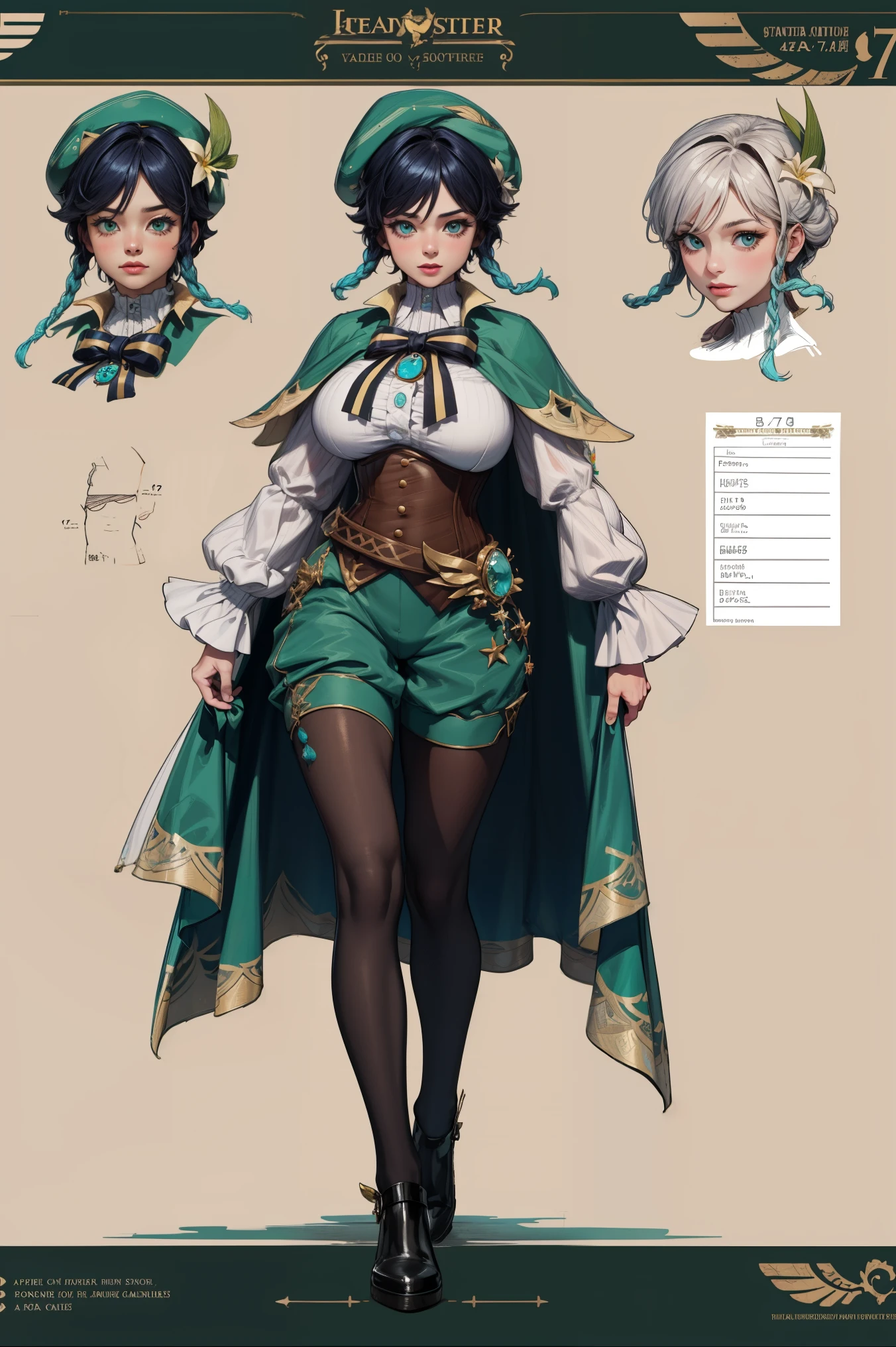 girl, solo, full body, from head to toe, standing, (Huge_Breasts:1.3), beautiful body, perfect body, nice body,
((Character Design Sheet:1.7, character reference sheet:1.7,)),
ventidef, beret, hat flower, white shirt, bow, long sleeves, frilled sleeves, corset, cape, green shorts, white pantyhose, jewelry, brooch