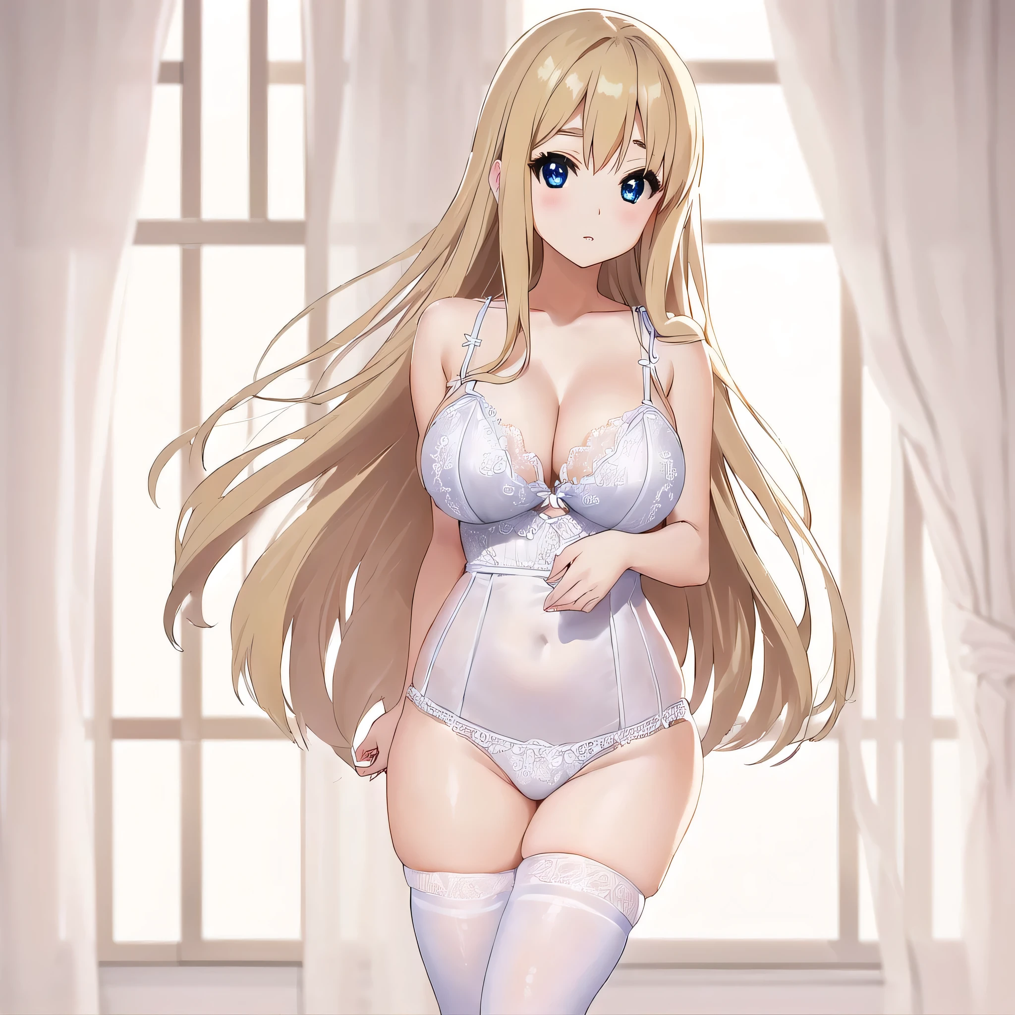 Anime woman in lingerie posing in front of a curtained window、solo、Wearing white stockings、 Enchanting anime girl、美しくattractive anime woman、White Lingerie、Blonde anime woman with long hair、Blue Eyes、Tall Woman、美しくattractive anime woman、Big Breasts、cleavage、A woman with very large breasts、Beautiful Anime Women、lingerie with an white、attractive anime woman、Cute Anime Woman、Beautiful Anime Women、Naughty anime style、