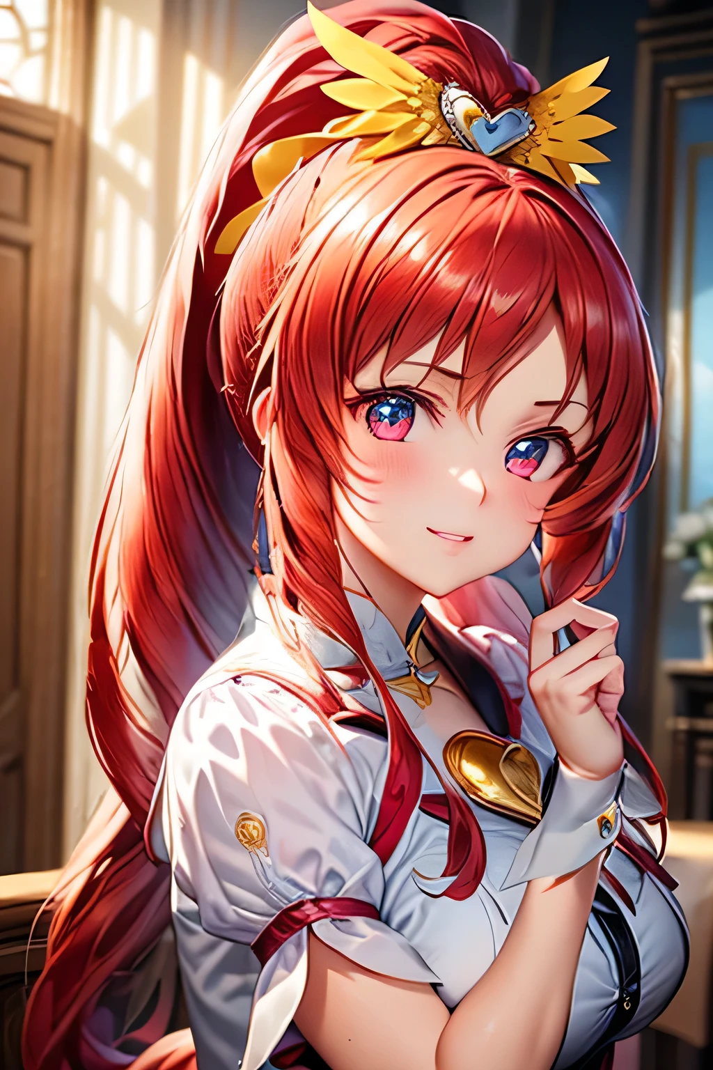 (masterpiece:1.2), best quality, high resolution, unity 8k wallpaper, (illustration:0.8), (beautiful detailed face:1.2, beautiful detailed eyes:1.2), perfect lighting, extremely detailed CG, (perfect hands, perfect anatomy), 

Cute, beautiful, charming lady, shiny hair, lustrous skin, beautiful light big eyes, 
milf, married woman, soft With a gentle appearance and a gentle mother-like atmosphere,
Feminine style, beautiful kubire, beautiful, naughty face,

ace_a, red hair, long hair, high ponytail, hair ribbon, ((red eyes)), large breasts, choker, heart brooch, dress, red skirt, white jacket, wrist cuffs, kee boots, 