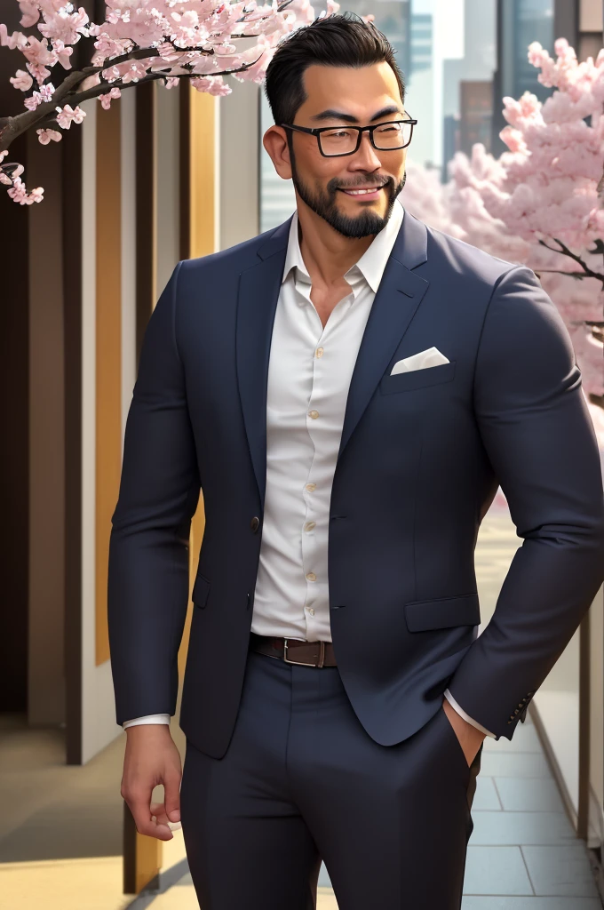 An award-winning original photo, (40 years old daddy:1.1), 1boy, Solo, man, asian, japanese, tall, athletic, slim, muscular, dark hair, short beard, piercing blue eyes, casual suit, (big shoulders), musculature, stubbles, Short beard, Beautiful eyes:1.3, (sakura city background), wearing glasses, smiles, Dynamic Angle, volumetric lighting, (Best quality, A high resolution, Photorealistic), Cinematic lighting, Masterpiece, RAW photo, Intricate details, hdr, depth of field, upper body shot, George Pei,