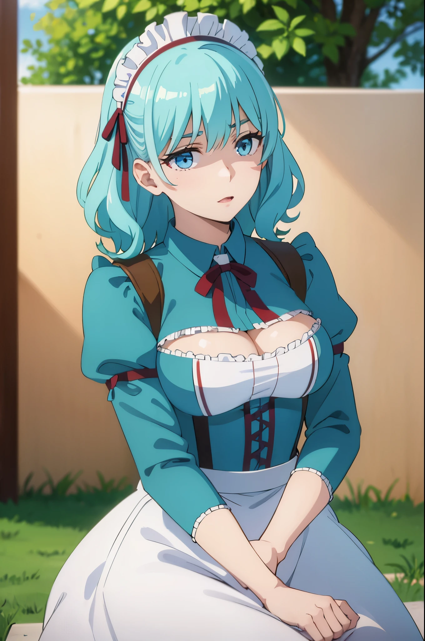 photorealistic, (4k), (upper body), depth of field, (Masterpiece), (realistic skin texture), highly detailed, intricate, highly detailed, (upper body), professional photography, cover-up, bokeh, high resolution, sharp details, best quality, girl, aqua hair, medium hair, blue eyes, white shirt, maid headdress, frills, apron, in the garden, sitting,